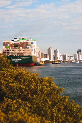 A large cargo ship with stacked colorful containers is docked near an urban area with tall buildings. In the foreground, there is dense greenery bordering a body of water.