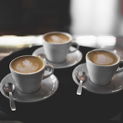A variety of coffee cups lined up, each with different latte art designs.