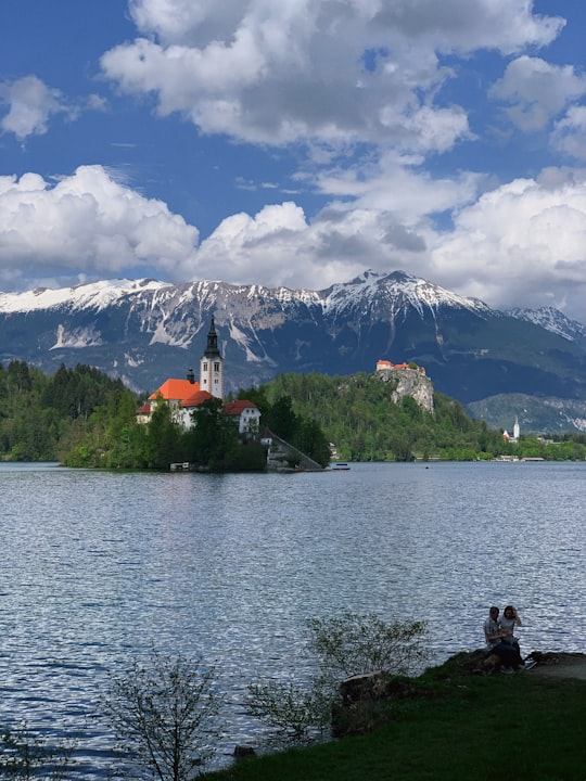 person sitting on rock near body of water during daytime in Bled island Slovenia