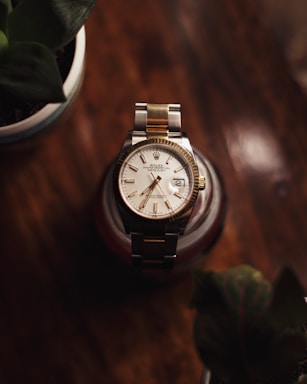 A luxury wristwatch with a metal and gold band is prominently displayed on a dark wooden surface. The watch face features a classic design with Roman numerals and a date window. In the foreground, two blurred potted plants are partially visible, adding depth to the composition.