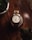 A luxury wristwatch with a metal and gold band is prominently displayed on a dark wooden surface. The watch face features a classic design with Roman numerals and a date window. In the foreground, two blurred potted plants are partially visible, adding depth to the composition.