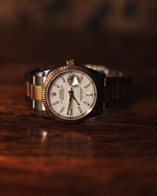 silver link bracelet round analog watch