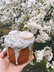 A happy customer holding a beautifully decorated cake at home.