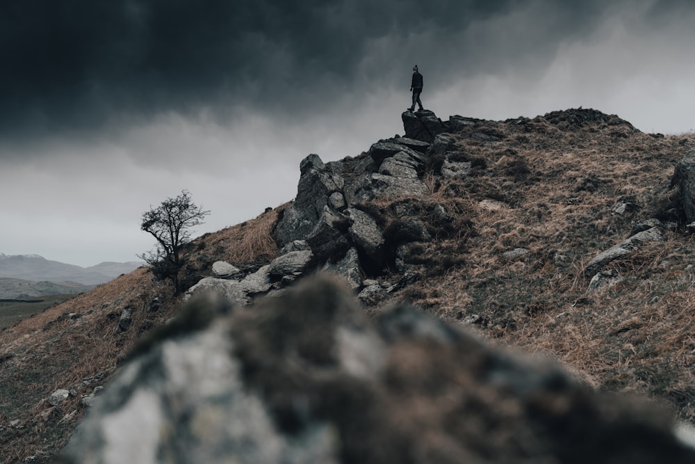 person sitting on rock under cloudy sky during daytime