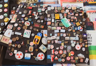 assorted sticker on red wall