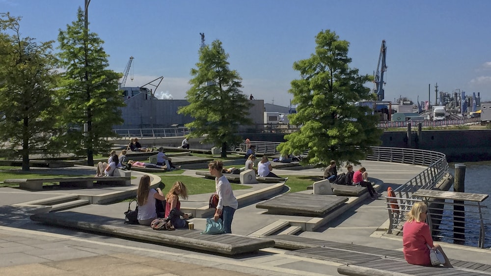 people sitting on brown wooden bench during daytime