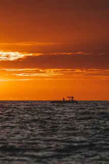 Close-up of a sleek outboard motor mounted on a boat at sunset.