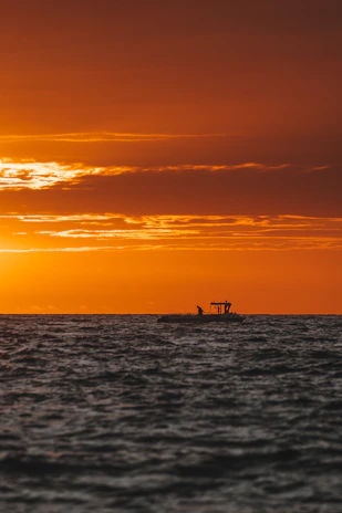 Close-up of a sleek outboard motor mounted on a boat at sunset.