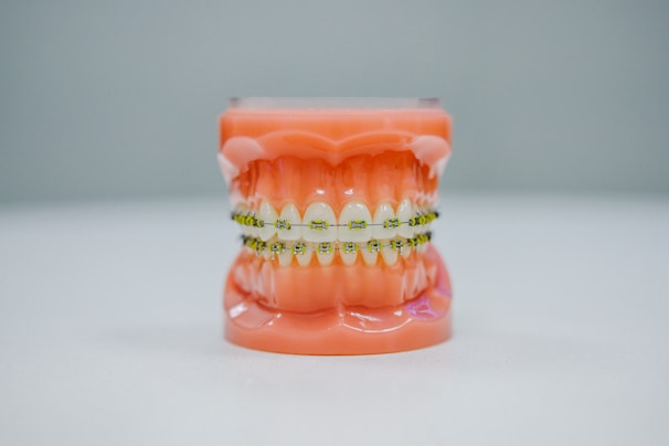 A realistic dental model displaying a full set of teeth fitted with orthodontic braces. The model is placed against a plain background, highlighting the intricate details of the braces and the gums.