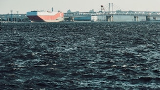 A large cargo ship with a red and white hull is navigating through dark, choppy waters, approaching a long bridge. The skyline features industrial structures and cranes in the background under a clear sky.