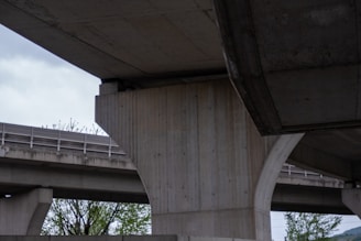 Close-up of reinforced concrete pillars supporting a large structure