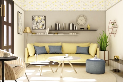 Elegant living room featuring tailored light brown wooden shelves and yellow accents.