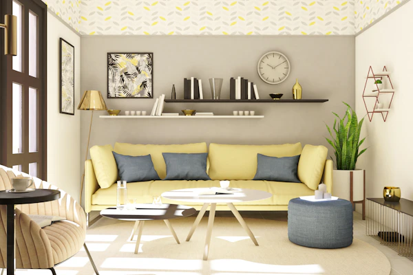 A bright yellow pet sofa with plush cushions, styled in a modern living room corner with natural light.