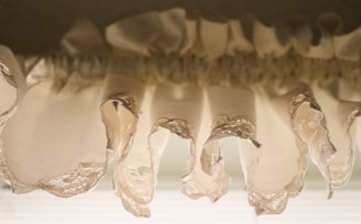 Close-up view of delicate, beige fabric ruffles with ornate lace edges, gathered in a flowing, wavy pattern.