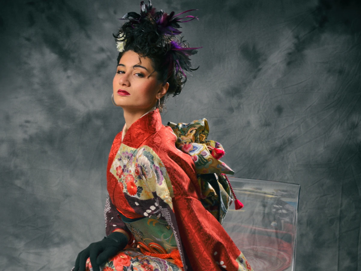 Woman in red and white kimono