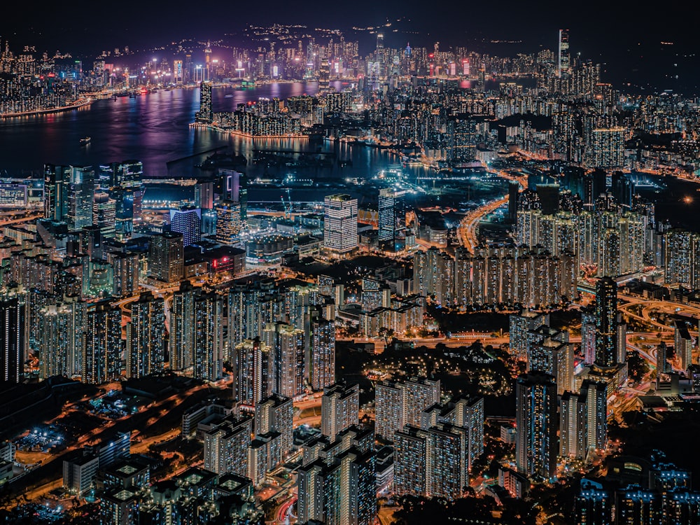 aerial view of city buildings during night time