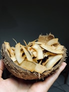 A hand holding a halved coconut shell filled with thinly sliced, toasted coconut chips. The shell is rough and textured, with fibers visible on the outside. The background is dark, enhancing the focus on the coconut.