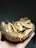 A hand holding a halved coconut shell filled with thinly sliced, toasted coconut chips. The shell is rough and textured, with fibers visible on the outside. The background is dark, enhancing the focus on the coconut.