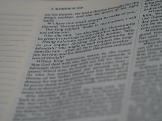 A close-up view of a page from a book with text in English. The text is organized in paragraphs with numbered sections, resembling a Bible or similar religious text. The focus is mainly on one column while the rest is slightly blurred.