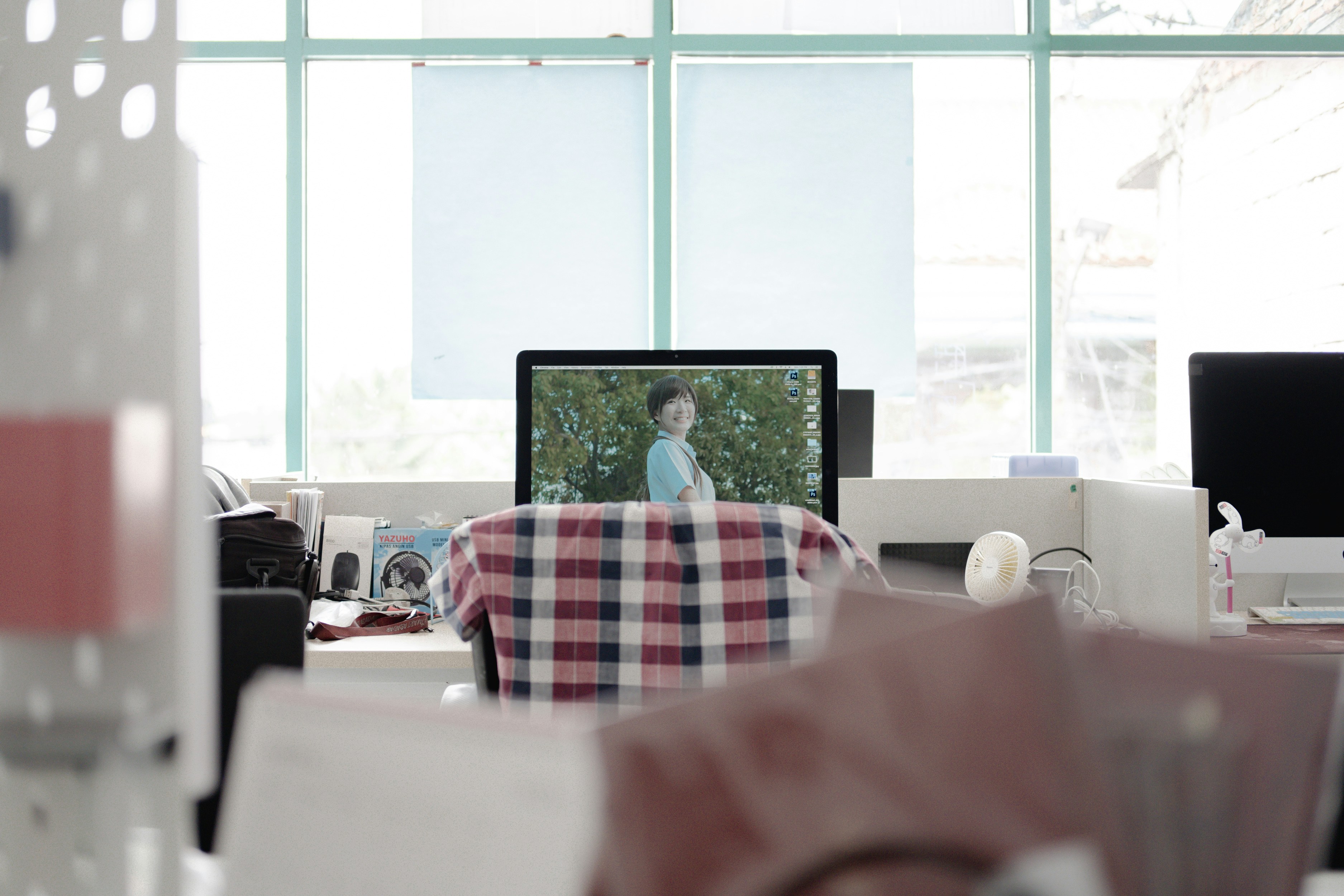 woman in white and red plaid dress shirt photo