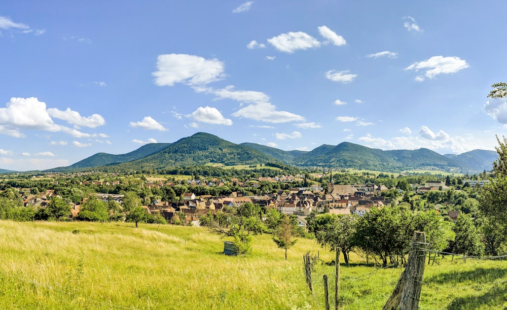 campo di erba verde vicino alla montagna verde sotto il cielo blu durante il giorno