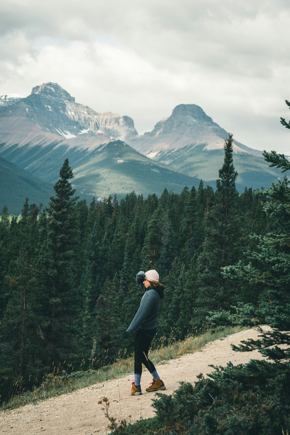 woman in black jacket and black pants standing on brown rock near green pine trees during