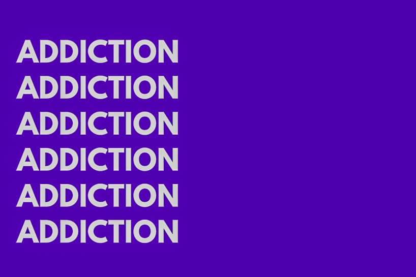 The image features the word 'ADDICTION' repeated six times vertically in bold, white capital letters against a solid purple background.