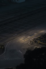 An industrial area with clear pavement markings.