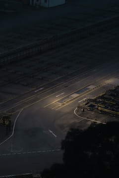 An industrial area with clear pavement markings.