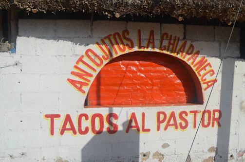 A rustic wall with a painted sign advertising 'Antojitos La Chiapaneca' and 'Tacos Al Pastor' in red and yellow letters, with a thatched roof edge above.