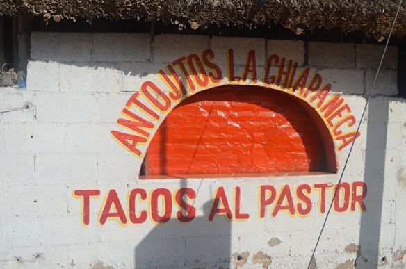 A rustic wall with a painted sign advertising 'Antojitos La Chiapaneca' and 'Tacos Al Pastor' in red and yellow letters, with a thatched roof edge above.