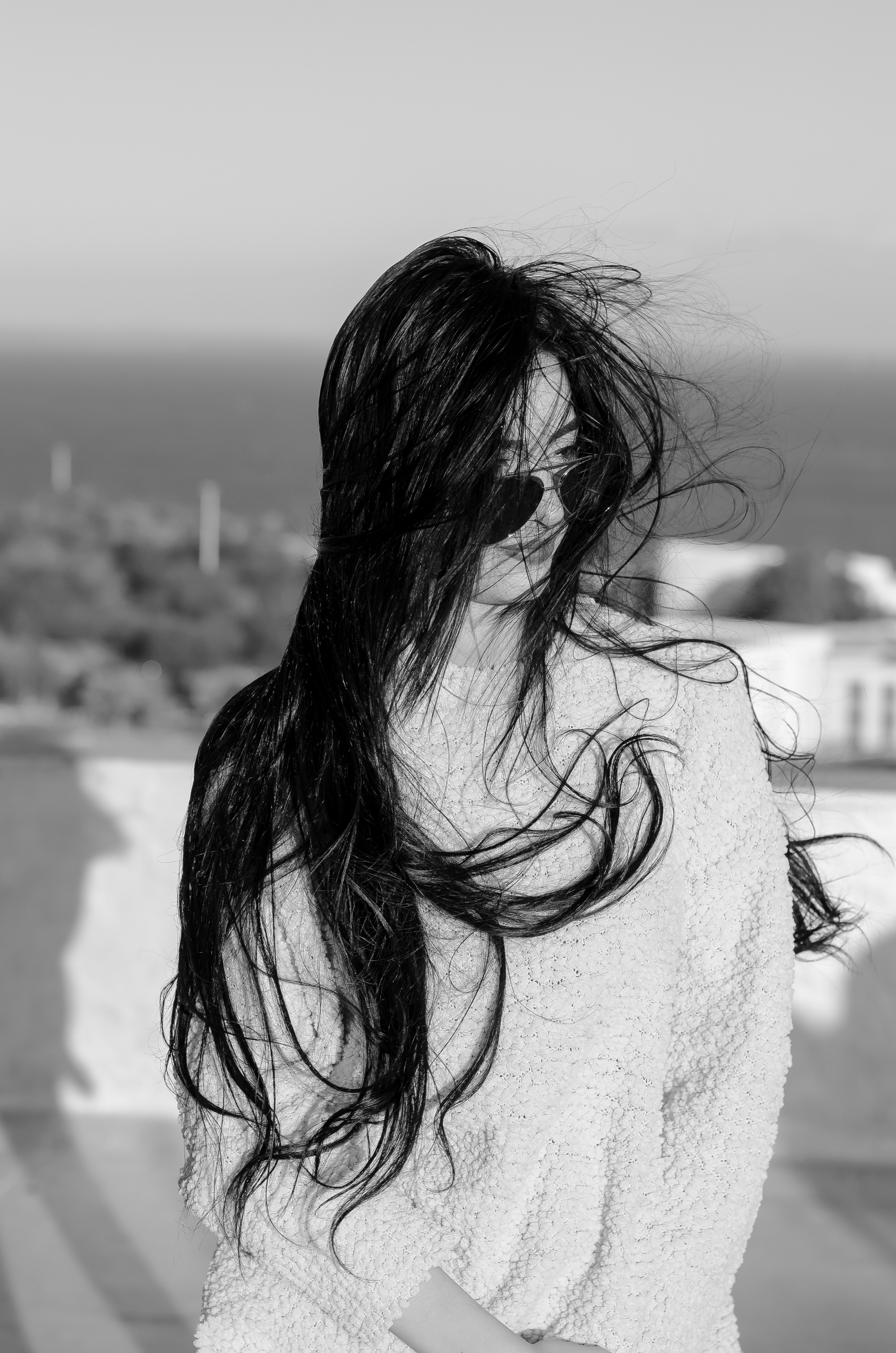 grayscale photo of woman in white shirt