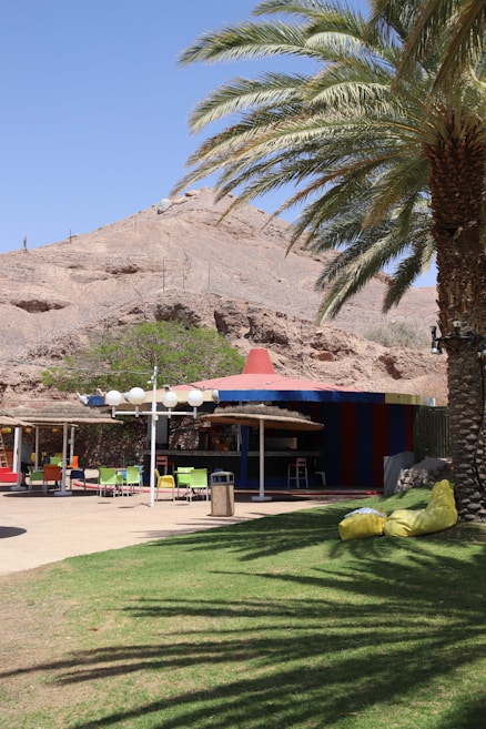 A vibrant outdoor area featuring colorful chairs and tables under shaded umbrellas, set against a backdrop of rocky hills. A small building with a red conical roof and blue walls is situated in the center. Palm trees and green grass add to the tropical atmosphere.
