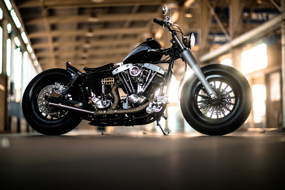 black and silver cruiser motorcycle