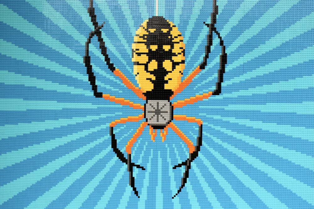 black and yellow spider on white and blue striped textile