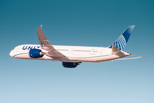 white and blue passenger plane in flight