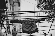 Close-up of waterproof windbreaker jacket with sealed seams hanging on a tree branch.