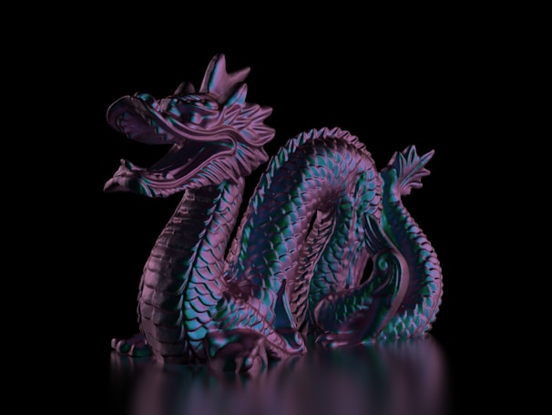 A detailed depiction of a dragon sculpture with intricate scales and a dynamic pose. The lighting casts a purple and blue hue over the dragon, highlighting its textured surface against a black background.