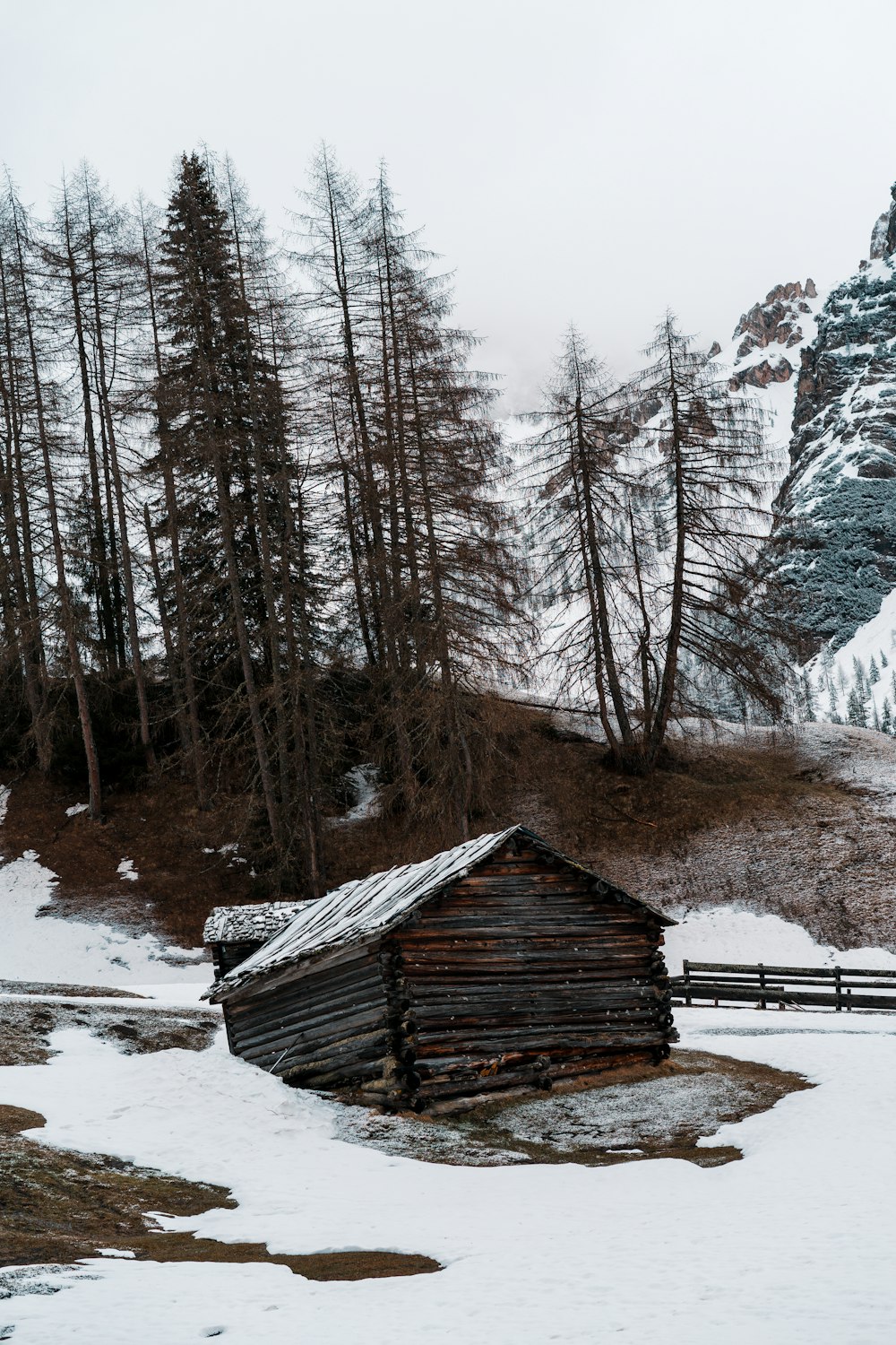 brown wooden house on snow covered ground near trees during daytime