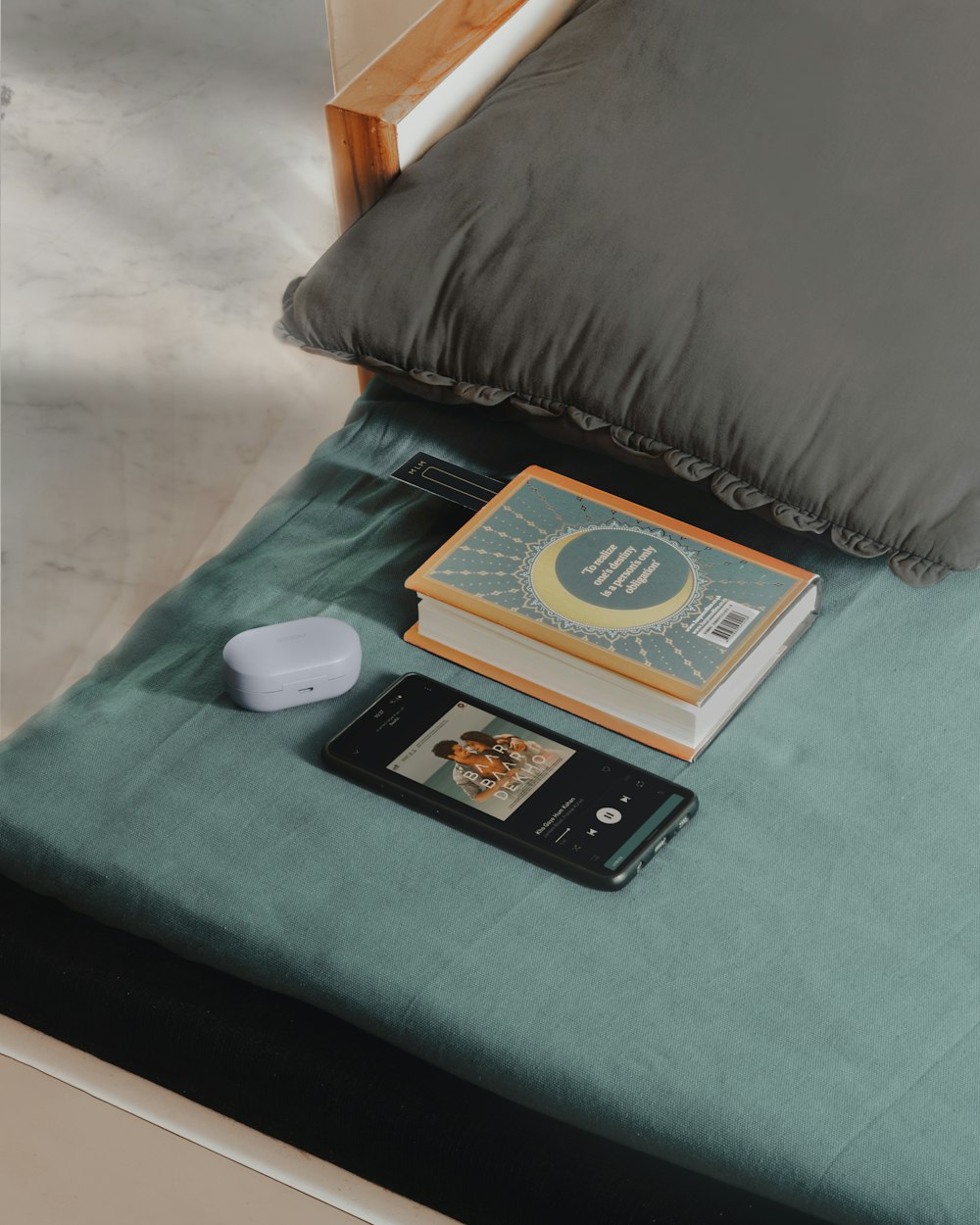 black and blue book on blue pillow