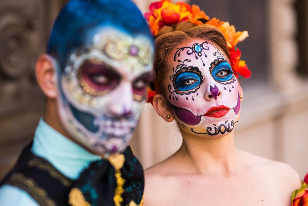 woman with white and blue face paint