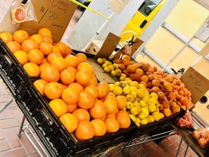 Colorful assortment of citrus fruits arranged on a market stall.
