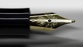 A close-up view of a fountain pen nib, highlighting intricate engravings and a glossy black pen barrel. The nib displays delicate scrollwork and a circular emblem.