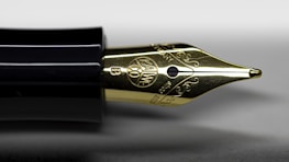 A close-up view of a fountain pen nib, highlighting intricate engravings and a glossy black pen barrel. The nib displays delicate scrollwork and a circular emblem.