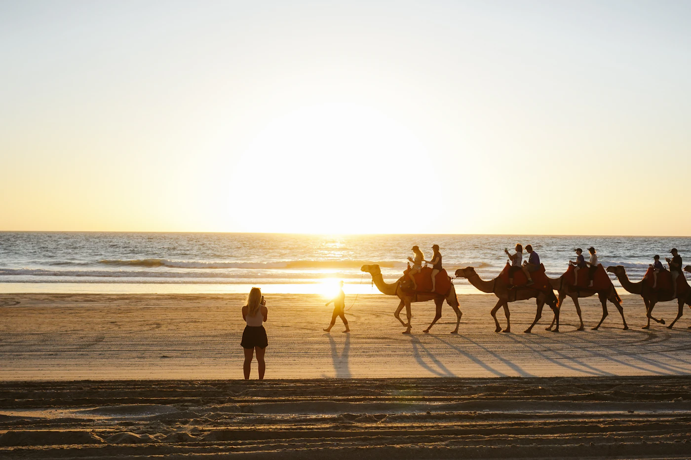 A camel train silhouetted on Cable Beach, Broome at sunset