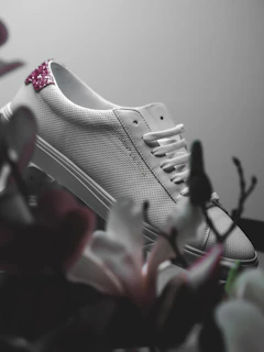 Veloura sneakers in soft blush pink captured on a minimalist white background with subtle gold highlights.