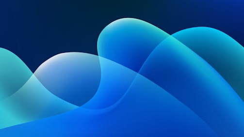 Abstract curves and waves in varying shades of blue and teal create a smooth, flowing design. The overlapping translucent layers give a sense of depth and movement against a dark blue background.