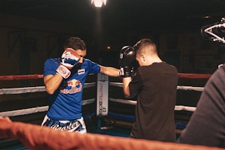 Two men are engaged in a boxing match inside a ring. One is wearing a blue outfit with a logo on the shirt, and the other is dressed in black. Both have raised gloves, preparing to spar.