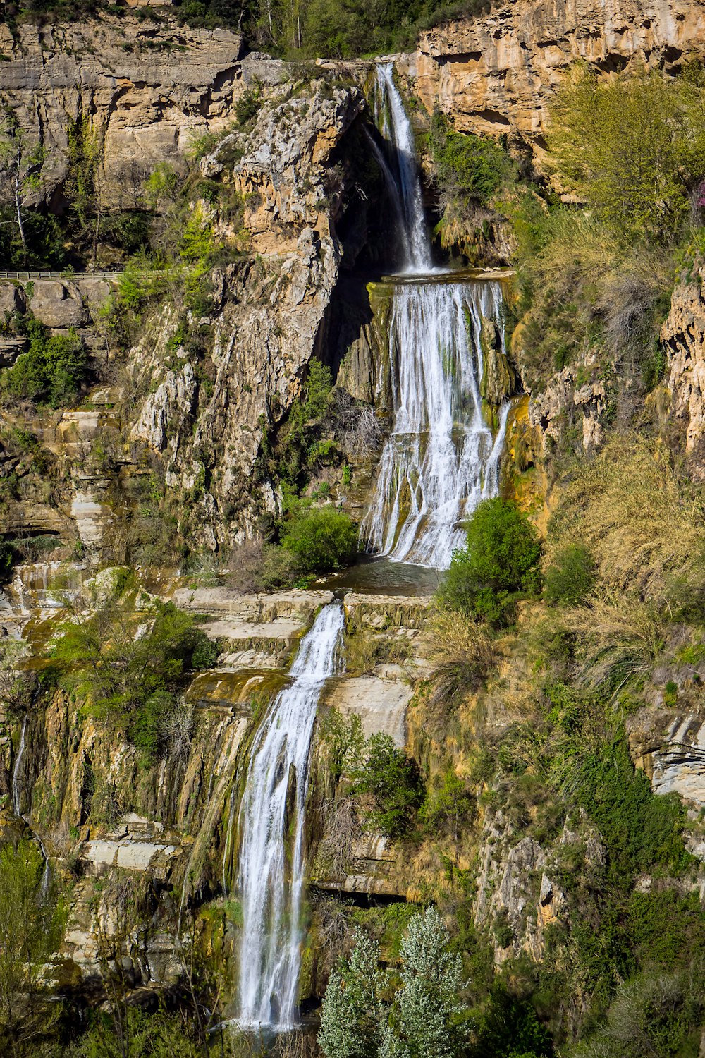 waterfalls in between green grass and trees during daytime