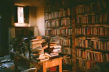 A quiet library room with shelves of legal and financial books representing governance